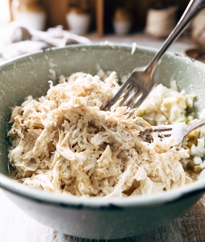 Keto Chicken Pot Pie Soup — tender chicken shredded with two forks in a green bowl