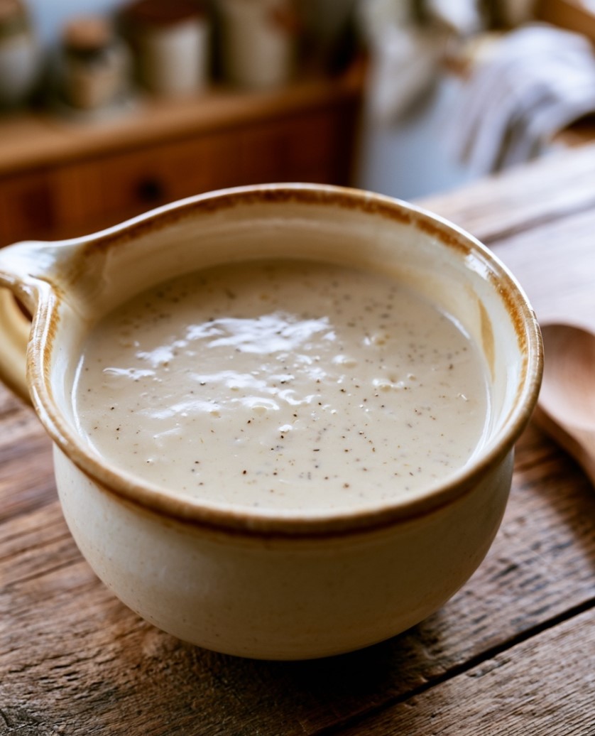 Keto Chicken Pot Pie Soup — smooth, light-colored creamy blended mixture in a ceramic bowl
