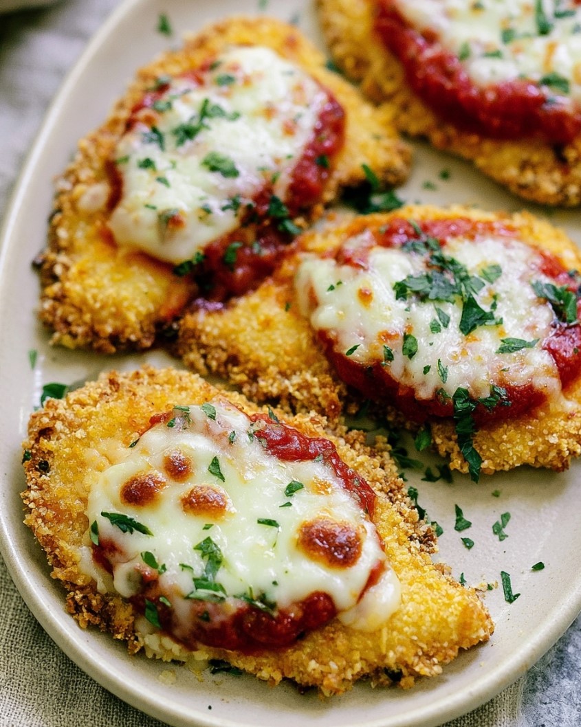 Crispy Keto Chicken Parmesan Recipe — low-carb baked chicken with bubbling mozzarella and fresh herbs on a white plate