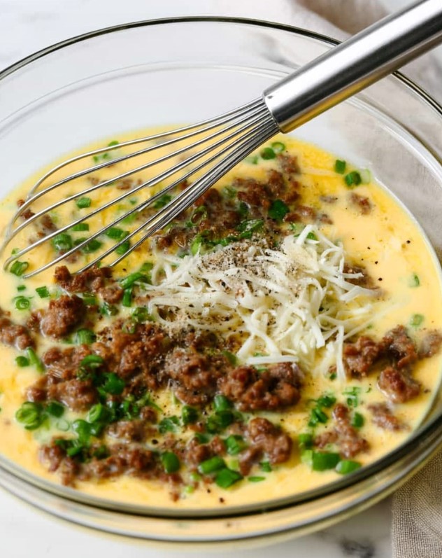 Keto Sausage Egg Cups - Egg mixture with Italian sausage, cheese, and green onions being whisked in a glass bowl