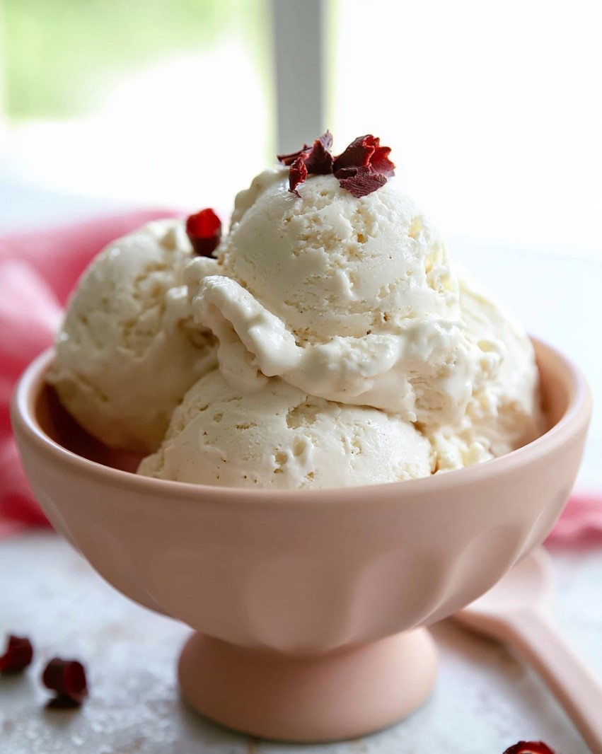Creamy keto vanilla ice cream served in a pink bowl with soft scoops, ivory color, and dried petals.