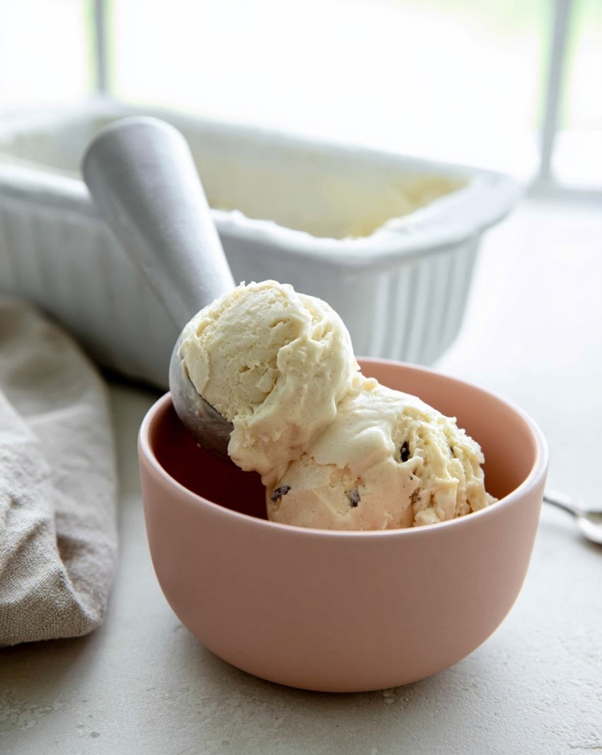 Creamy keto vanilla ice cream being scooped into a pink bowl, showing a thick texture speckled with vanilla.