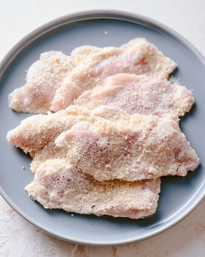 The Bright & Buttery Keto Chicken Piccata Recipe - raw keto chicken piccata cutlets coated in an almond and parmesan mixture on a gray plate before frying