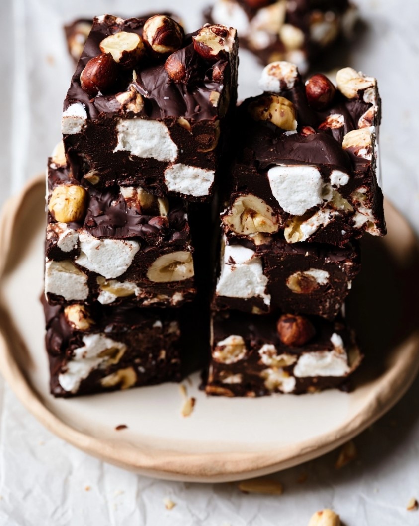 Thick Keto Rocky Road Recipe Full of Crunch — dark chocolate keto rocky road presented as thick stacked cubes, with prominent dark chocolate and roasted nuts visible