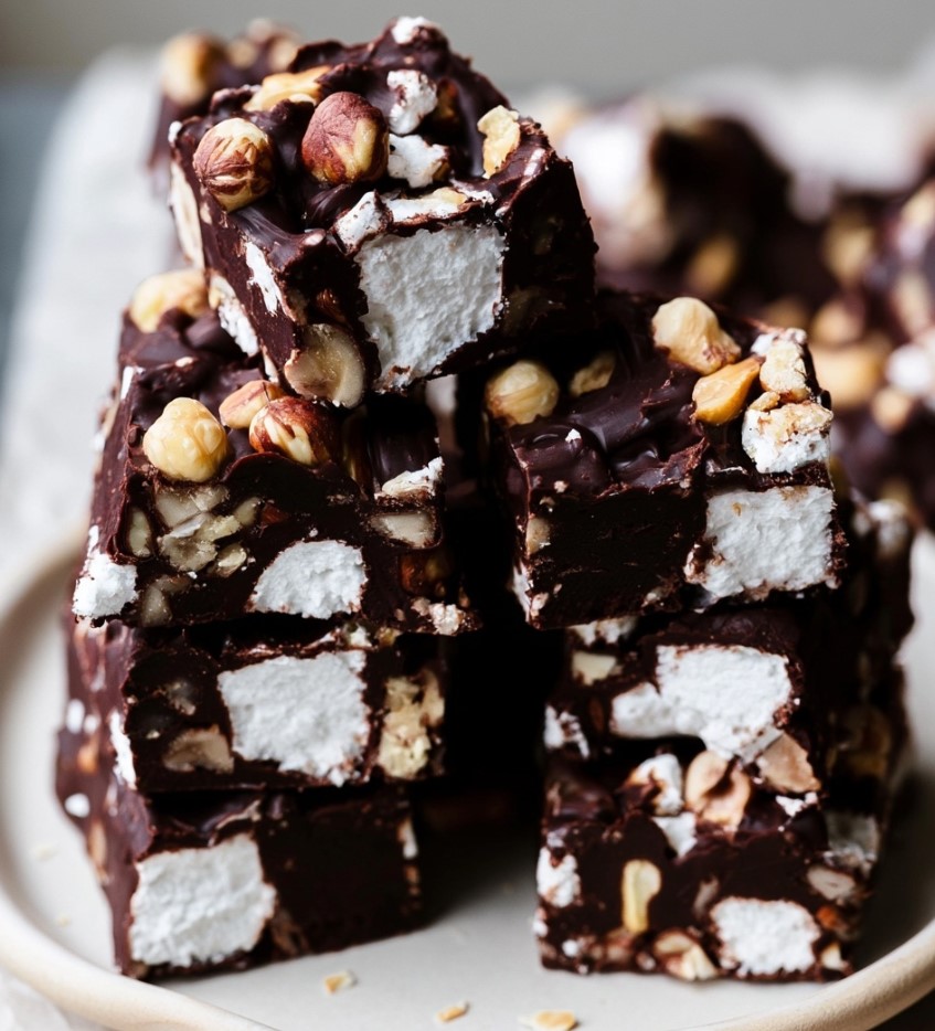 Sugar Free Rocky Road — dark chocolate keto rocky road pieces cleanly sliced and stacked on a serving plate