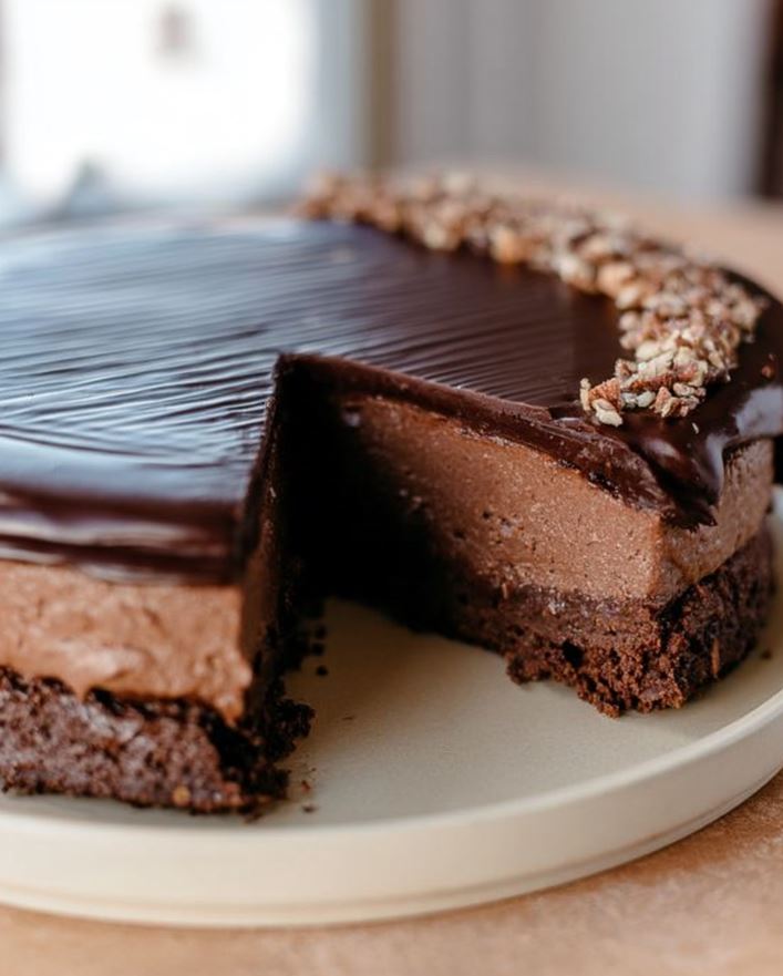 Keto Chocolate Mousse Cake - close-up of a served slice with striped ganache and crunchy crumb edges