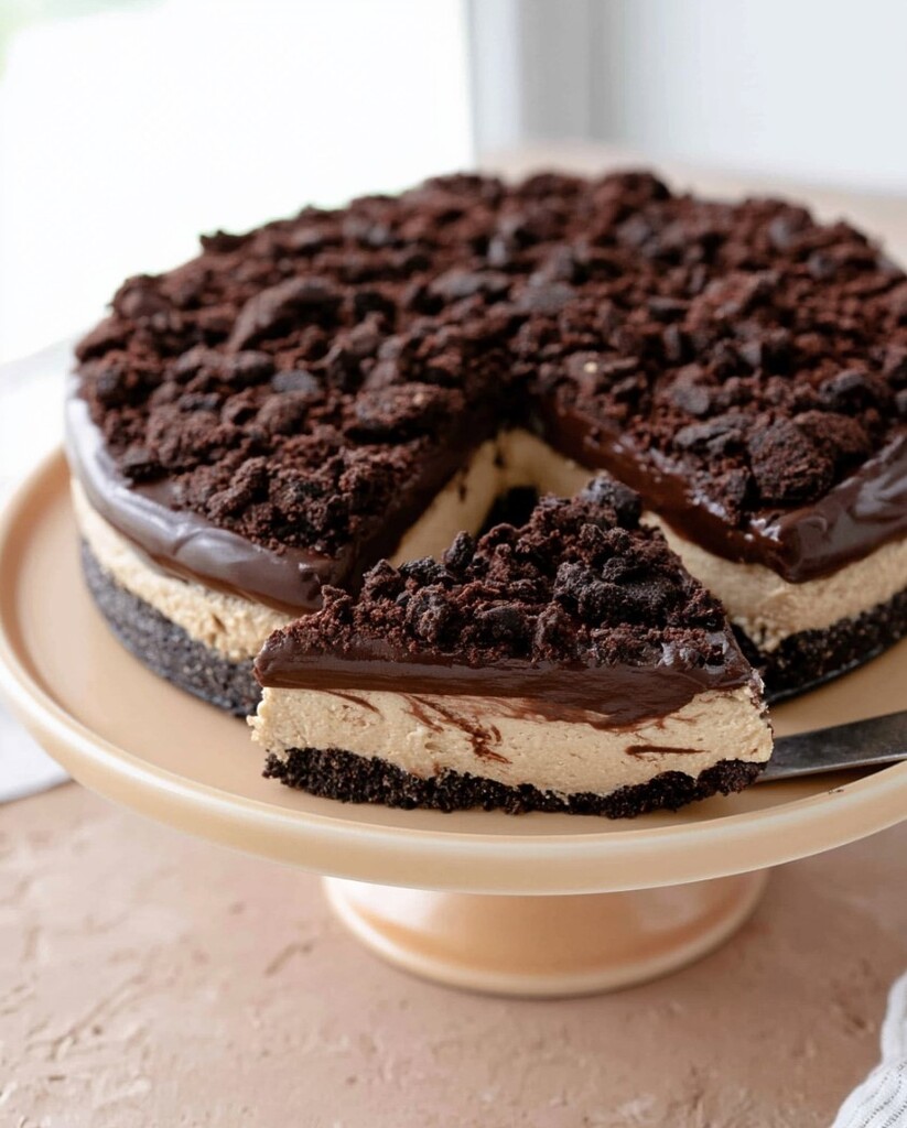Keto Dirt Cake Sliced - The finished cake cut and served on a stand, highlighting the glossy stovetop custard and thick crumb topping.