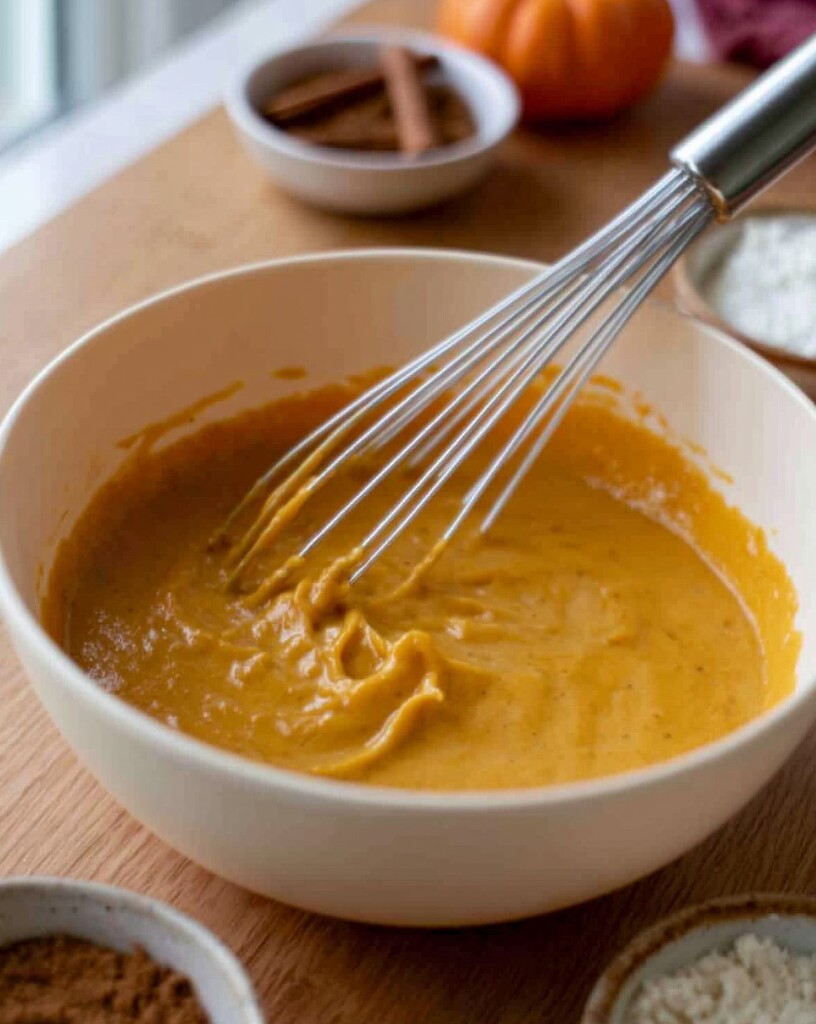 Keto Pumpkin Pie Cupcakes - creamy pumpkin batter whisked smooth in a white bowl