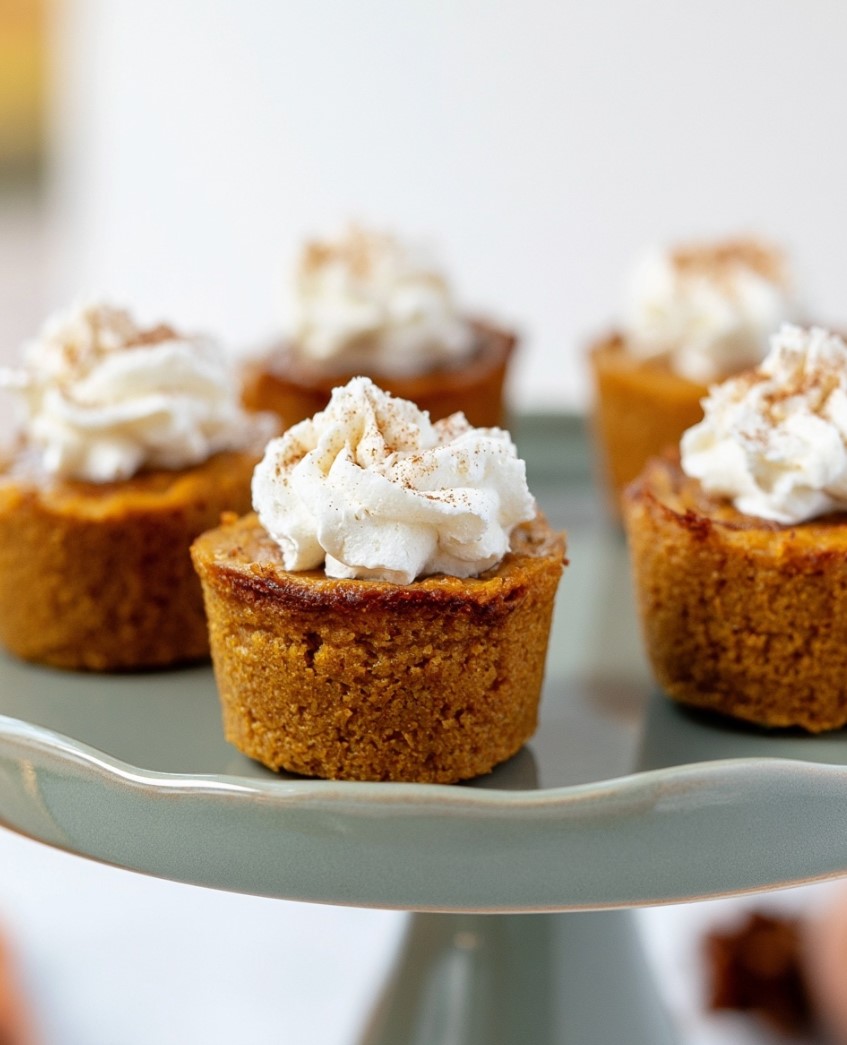 Keto Pumpkin Pie Cupcakes - served in golden pieces with whipped cream and a dusting of cinnamon
