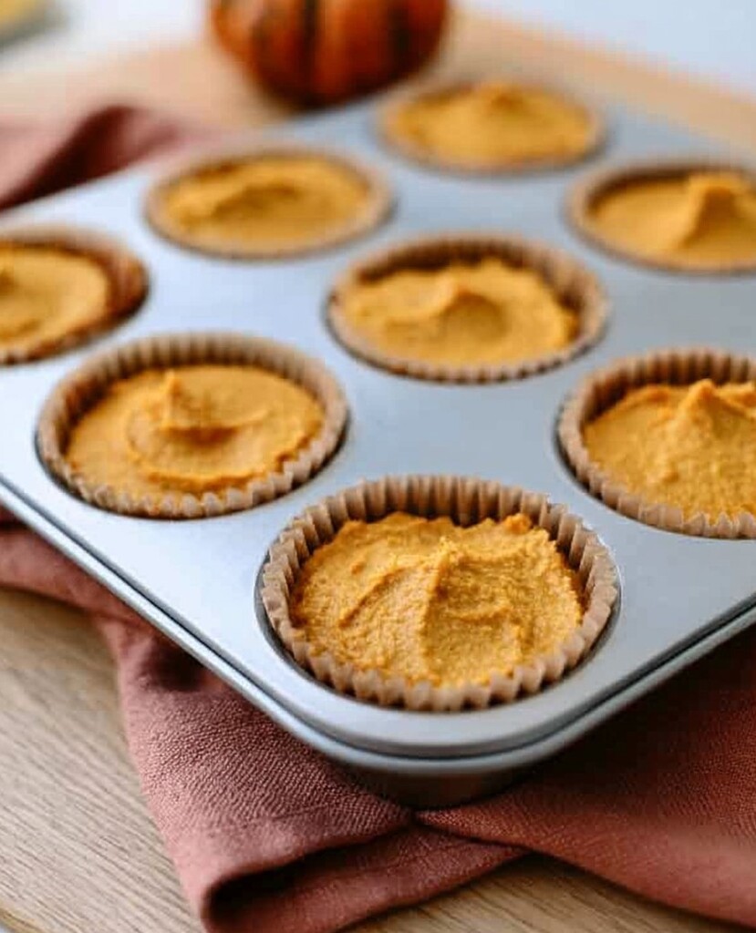 Keto Pumpkin Pie Cupcakes - crustless batter distributed into paper liners inside a muffin tin