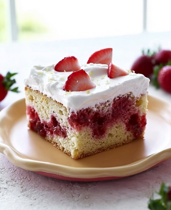 Tender Keto Strawberry Poke Cake with Real Berries