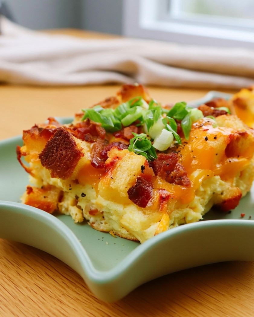 Cheesy Bacon and Ranch Breakfast Casserole — A thick slice of keto breakfast bake with a golden, crispy crust, served on a green plate.