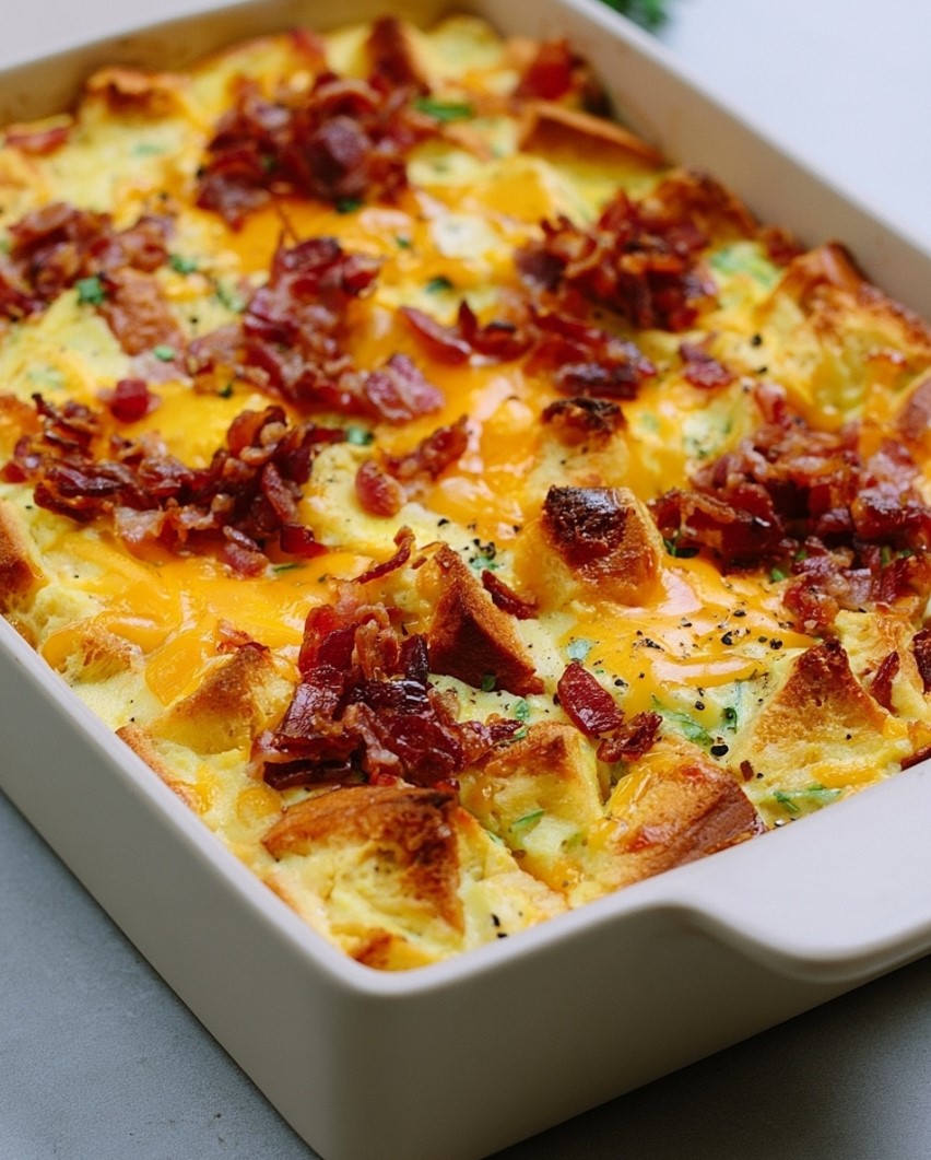 Cheesy Bacon and Ranch Breakfast Casserole — The fully baked casserole in a white dish, showing a cohesive, golden-brown cheesy surface.