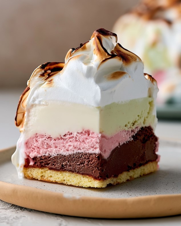 Toasted Keto Neapolitan Baked Alaska - A whole low-carb cake resting on a white stand featuring a toasted meringue dome and hidden colorful ice cream layers.