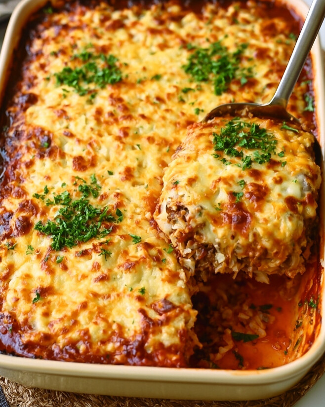 Keto Hamburger Casserole with a Golden Cheese Crust