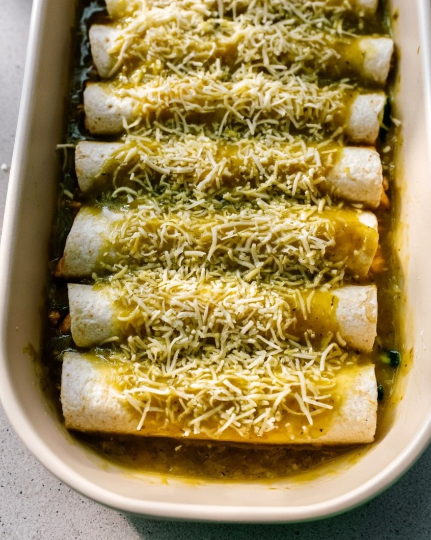 Low Carb Green Chicken Enchiladas — rolled tortillas arranged in a baking dish, blanketed in green sauce and shredded cheese