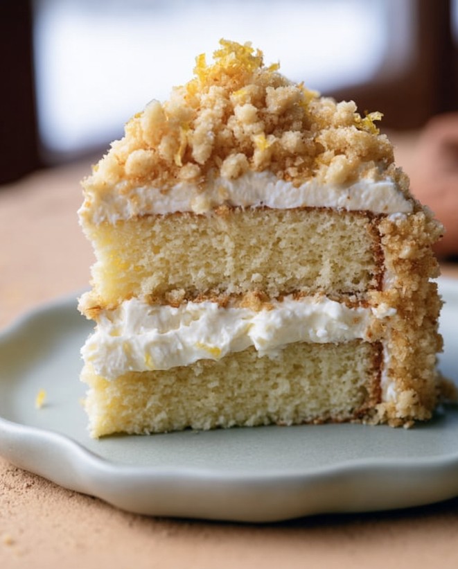 Keto Lemon Layer Cake - Close-up slice on a light plate, highlighting the white mascarpone cream and toasted crumb between layers.
