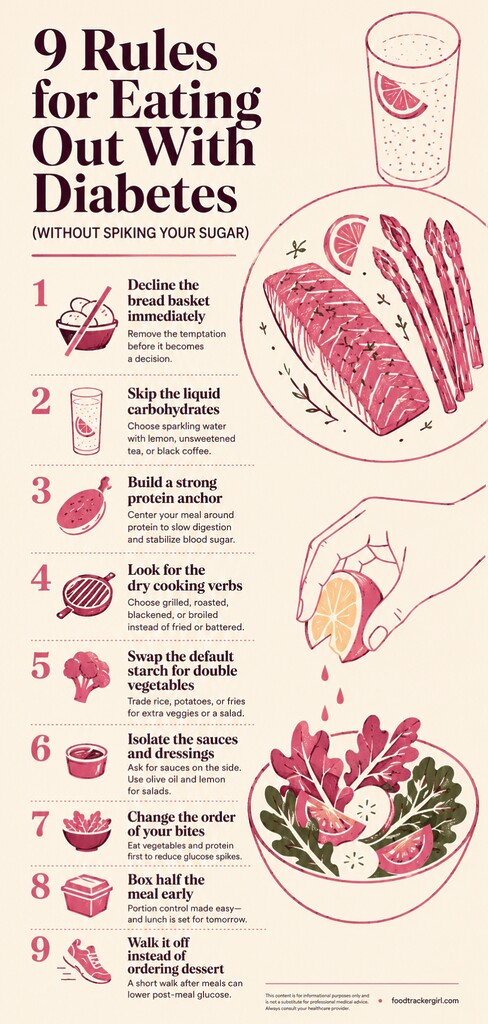 Editorial illustration summarizing 9 restaurant rules for eating out with diabetes, including skipping sugary drinks, choosing protein and vegetables, asking for sauces on the side, and walking after meals.