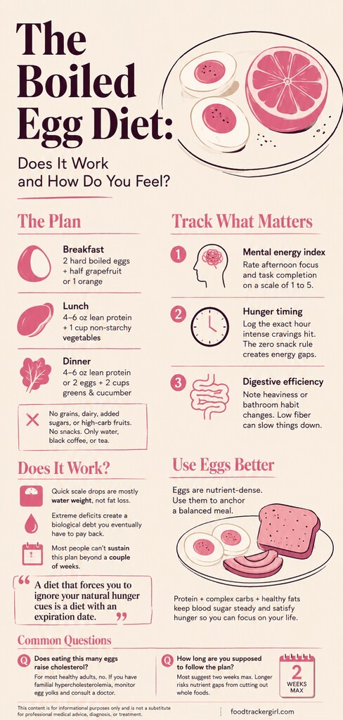 Editorial illustration summarizing the boiled egg diet, with eggs, grapefruit, meal limits, body response tracking signals, and a balanced way to use eggs.