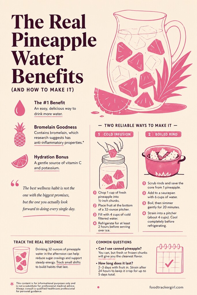Editorial infographic explaining pineapple water benefits, cold infusion and boiled rind methods, plus storage tips for homemade pineapple infused water.