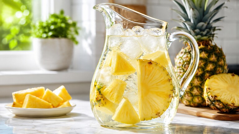 Glass pitcher of pineapple infused water with ice beside fresh pineapple on a kitchen counter.
