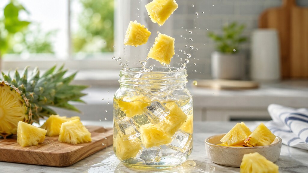 Pineapple chunks splashing into a glass jar of ice water on a bright kitchen counter.
