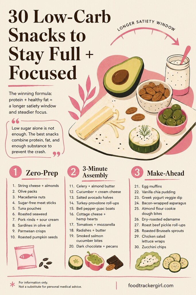Illustrated editorial guide showing 30 low-carb snack ideas grouped into zero-prep, three-minute assembly, and make-ahead options for steady energy, fullness, and focus.