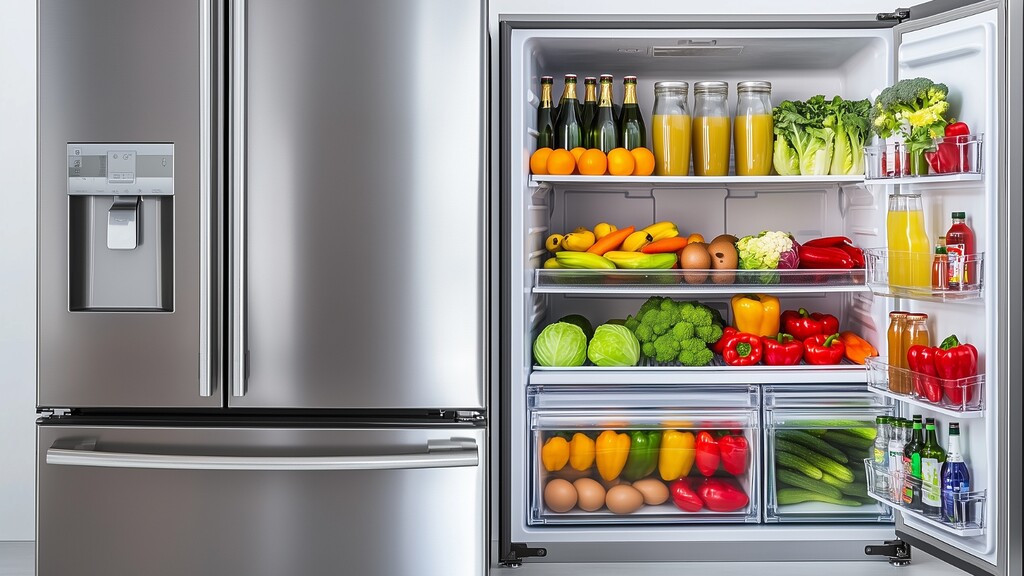 Open refrigerator neatly stocked with vegetables, fruits, eggs, drinks, and healthy meal prep ingredients.