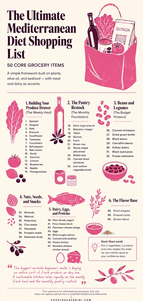 Editorial illustrated Mediterranean diet shopping list showing a grocery bag with olive oil, greens, grains, beans, seafood, nuts, dairy, eggs, and flavor staples.