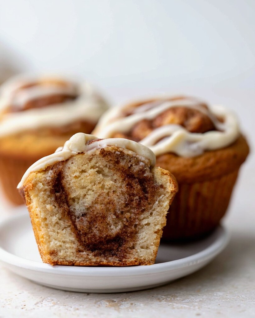Protein cinnamon roll muffins topped with cream cheese glaze showing a soft crumb and cinnamon swirl inside