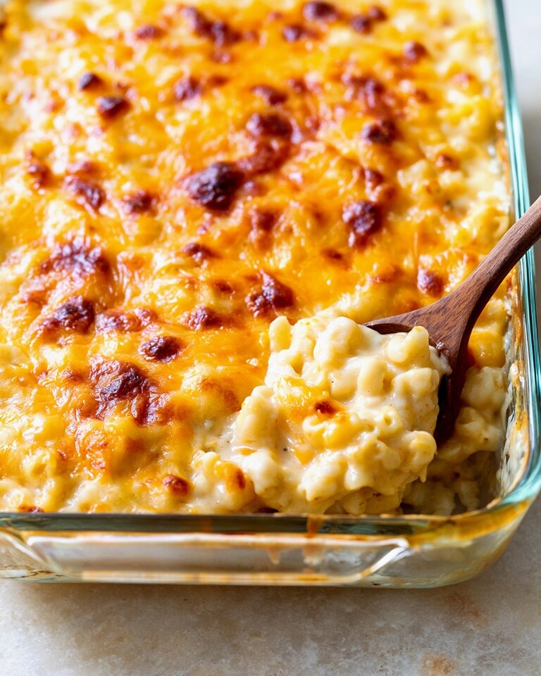 Wooden spoon lifting a creamy portion of baked macaroni and cheese from a glass baking dish with a golden brown top