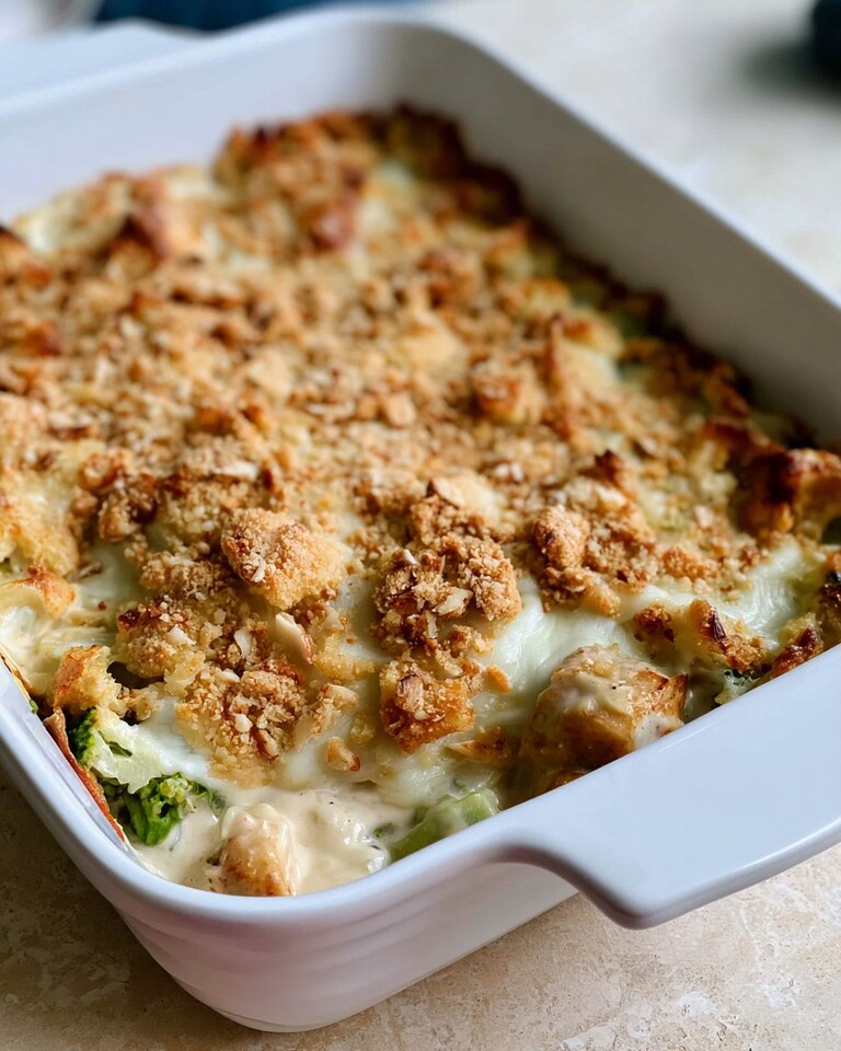Baked chicken and broccoli Alfredo casserole with a golden brown cheese crust in a white dish
