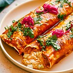 Creamy High-Protein Green Chile Chicken Enchiladas (40 Minutes) Plated green chile chicken enchiladas topped with red enchilada sauce, fresh cilantro leaves, and quick-pickled red onions