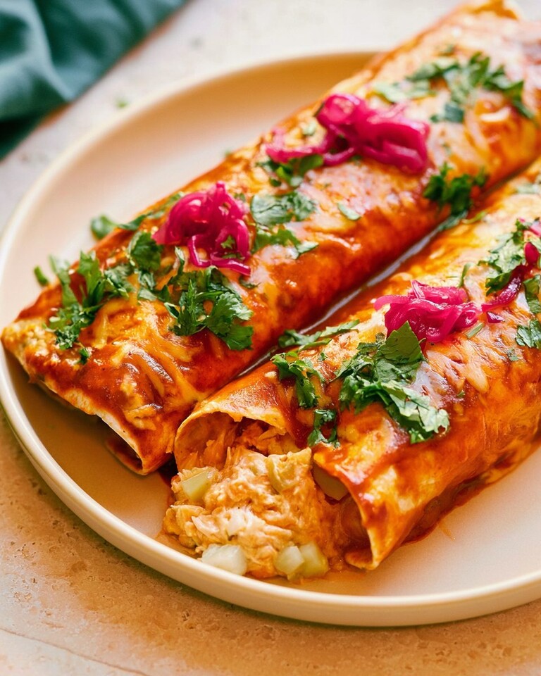 Plated green chile chicken enchiladas topped with red enchilada sauce, fresh cilantro leaves, and quick-pickled red onions
