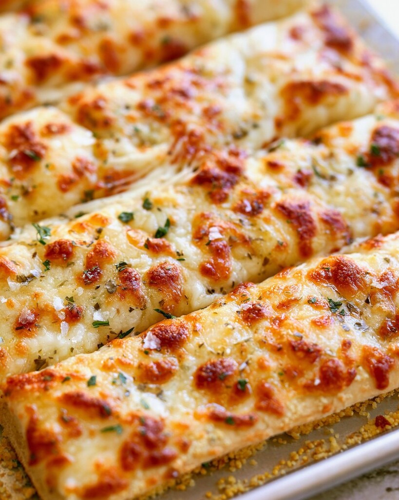 Sliced cheesy garlic breadsticks in a metal pan showing a melted cheese surface and green herbs