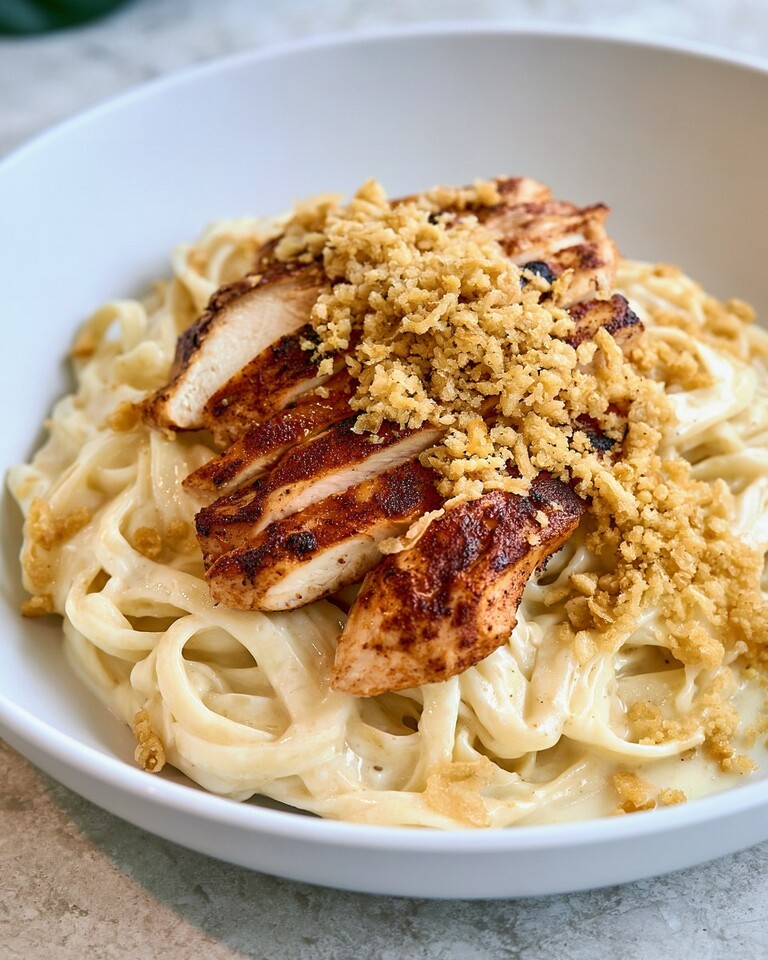 Grilled chicken alfredo over creamy fettuccine topped with golden panko in a white bowl