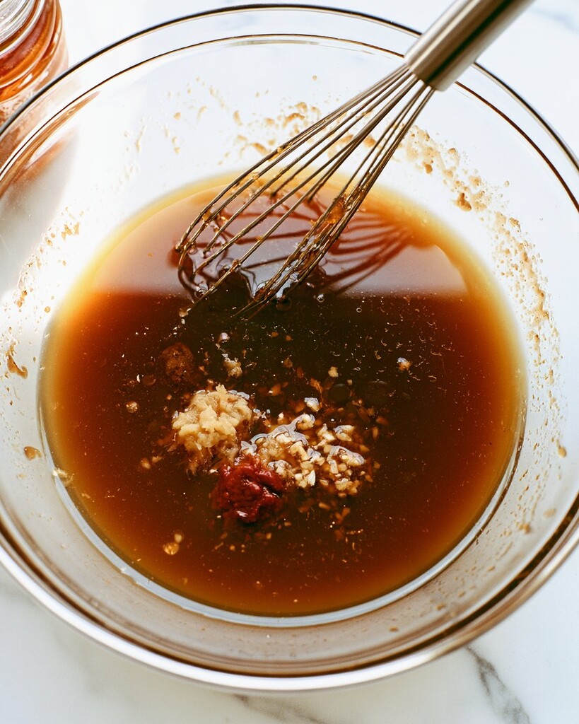 Whisking ginger and garlic teriyaki marinade in a glass bowl