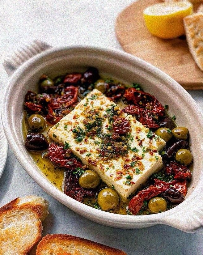 Warm baked Mediterranean feta dip in a ceramic baking dish surrounded by mixed olives and sun-dried tomatoes with toasted baguette slices
