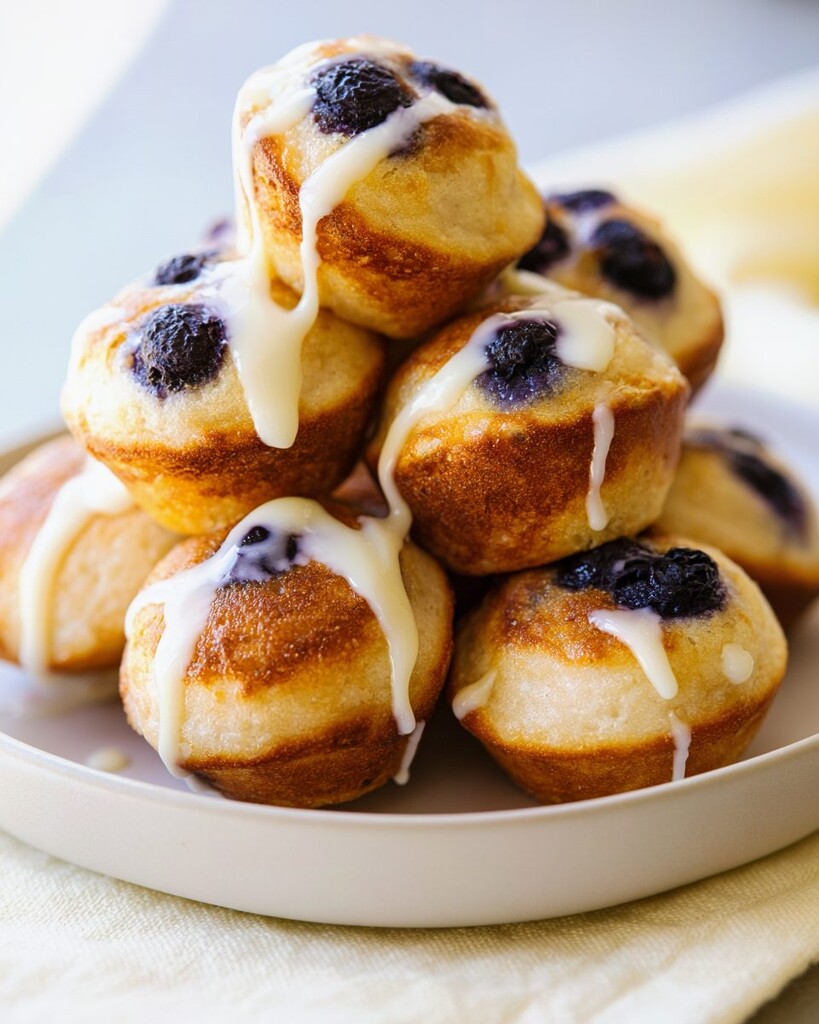 Stacked lemon blueberry pancake bites on a plate with white glaze