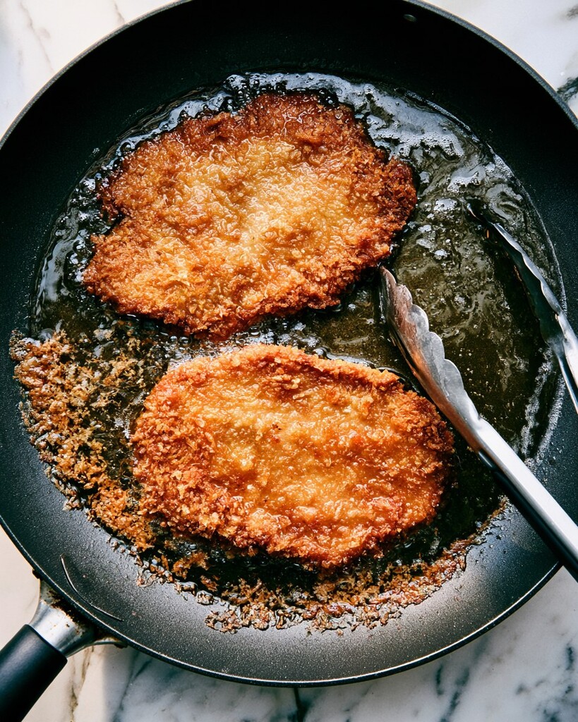 Two chicken katsu cutlets frying in a black skillet until golden brown