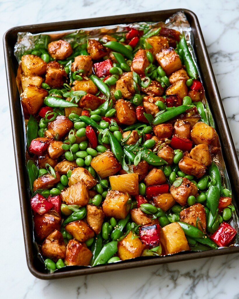 Finished sheet pan pineapple teriyaki chicken garnished with sesame seeds and scallions
