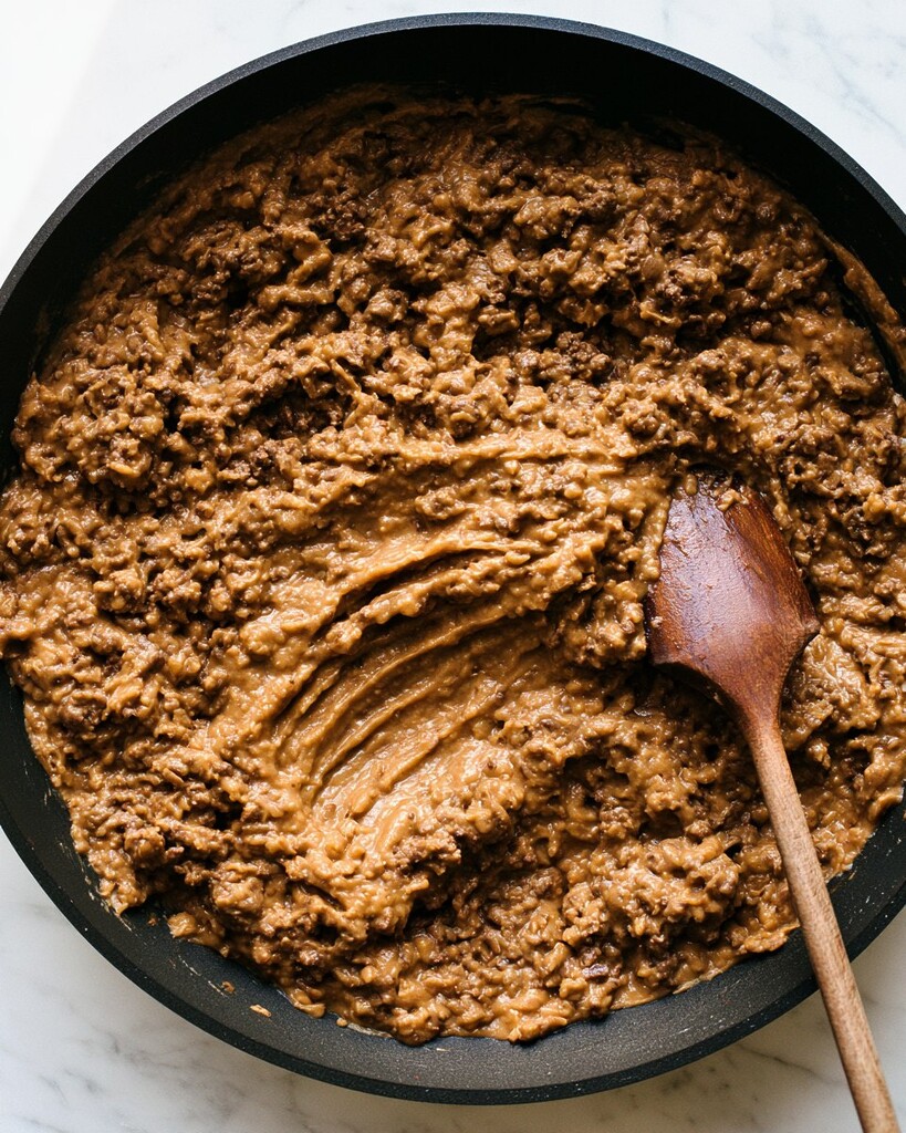 Brown beef and bean burrito filling cooking in a black skillet with a wooden spoon