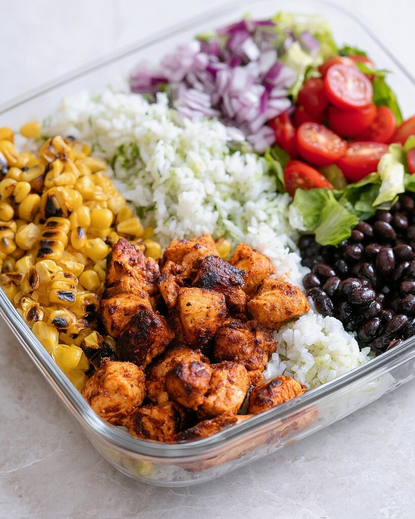 Sliced chipotle chicken, charred corn, black beans, and cilantro-lime rice arranged in a glass meal prep container
