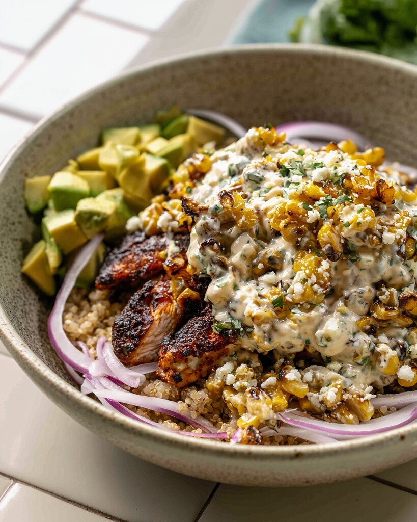 Sliced dark chicken and creamy corn salad served over a base of quinoa
