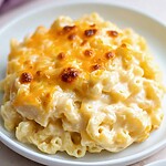 White serving dish filled with baked macaroni and cheese featuring a golden brown crust