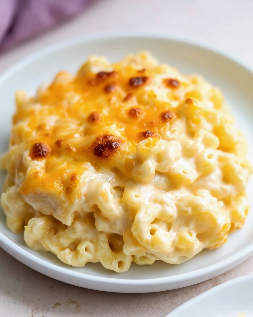 White serving dish filled with baked macaroni and cheese featuring a golden brown crust