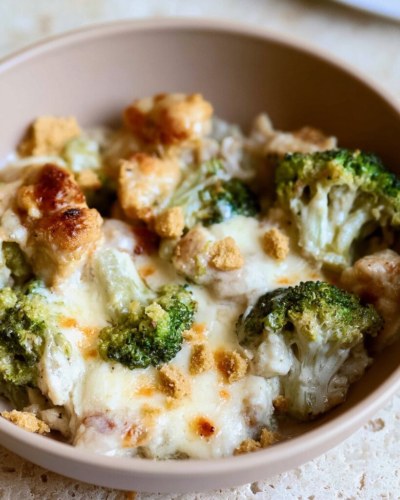 A portion of chicken broccoli Alfredo casserole served in a bowl
