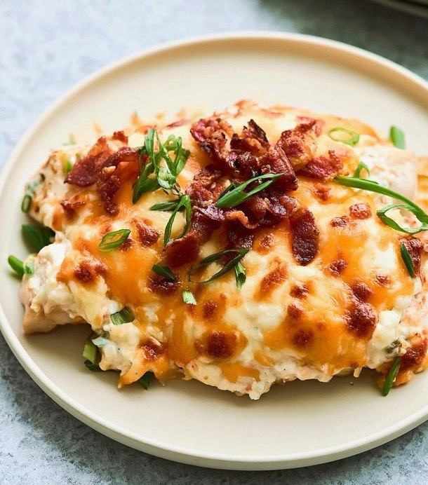 Creamy chicken topped with bacon and green onions served on a white dinner plate