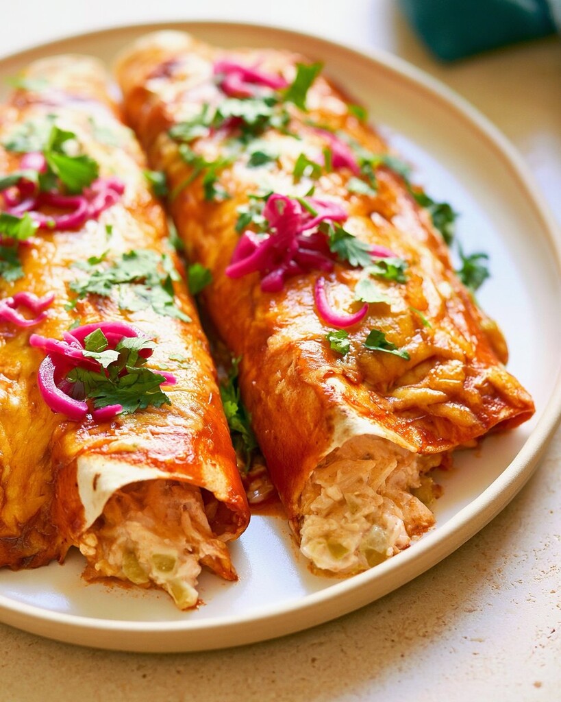 Two baked green chile chicken enchiladas resting in a dish with melted cheese and red sauce