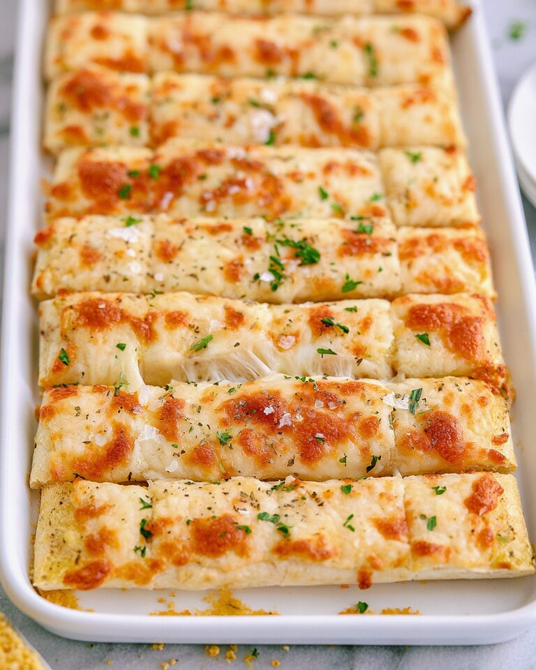 Cheesy garlic breadsticks arranged on a white rectangular platter topped with fresh green herbs